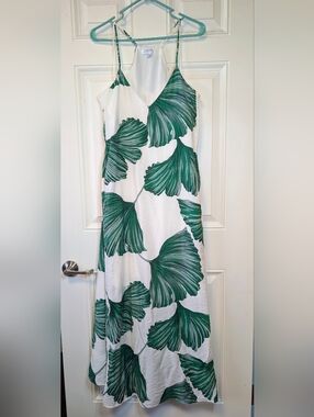 Tahari Arthur Levine Green Leaf Print Sleeveless Dress • Tropical V‑Neck– Size M